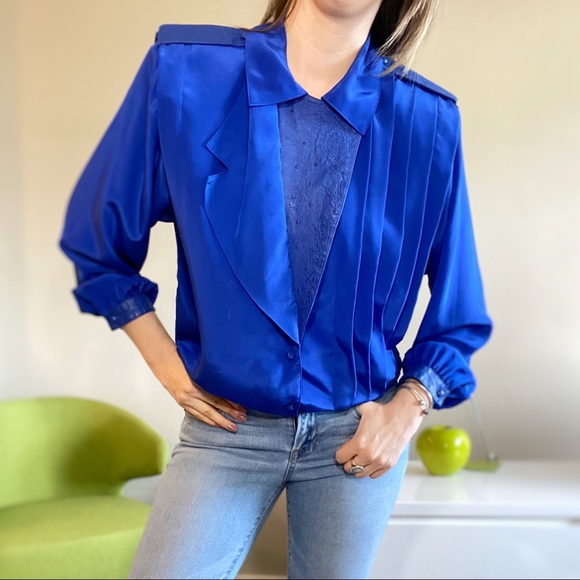 Vintage Tops - Vintage Valenti leather detail cobalt blue blouse